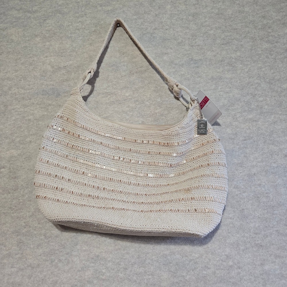 Rosetti New York Hobo Shoulder Bag Woven Straw Sequin Cream Beige NWT